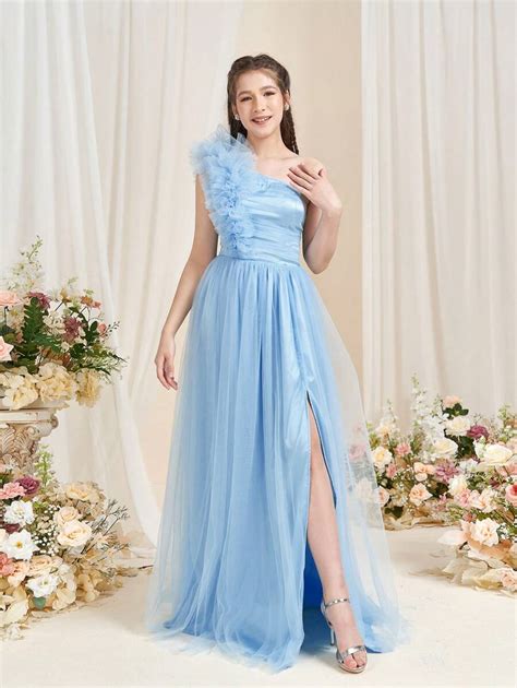 Teen Girl One Shoulder Ruffle Trimmed Tulle Prom Dress Shein Uk