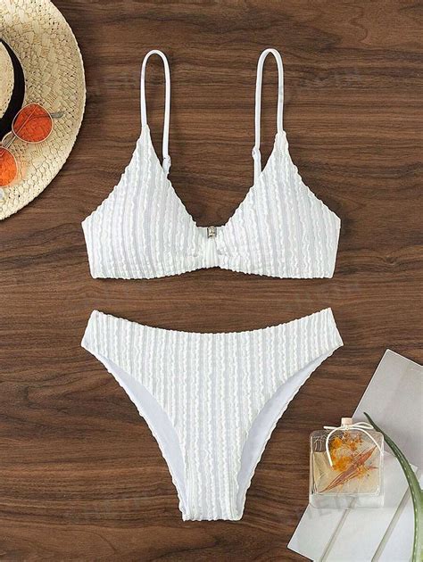 Shein Swim Summer Beach Women S Solid Color Shirred Bikini Set Top And