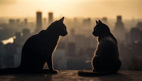 Silueta De Lindo Gatito Viendo La Puesta De Sol De La Ciudad Generada