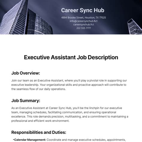 Free Executive Assistant Job Description Template Edit Online