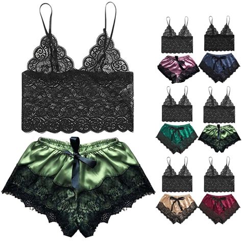 JTFY Women Sexy Lace Sleepwear Lingerie Pajamas Set Tops Short Bra Pants Nightwear Shopee