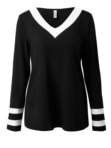 Womens Black And White Colorblock V Neck Long Sleeve T Shirt Noracora