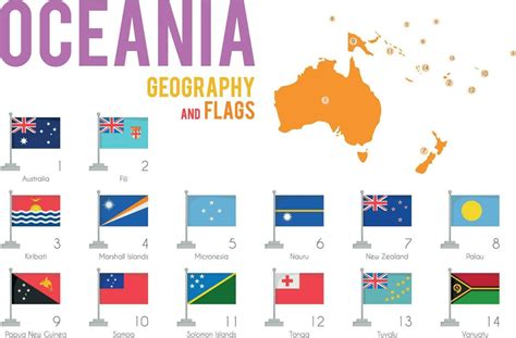 Set of 14 flags of Oceania isolated on white background and map of ...