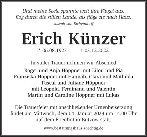 Traueranzeigen Von Erich K Nzer M Rkische Onlinezeitung Trauerportal