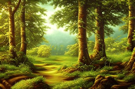 Oil Painting Extremely Detailed Nature Forest Trees and Flowers ...