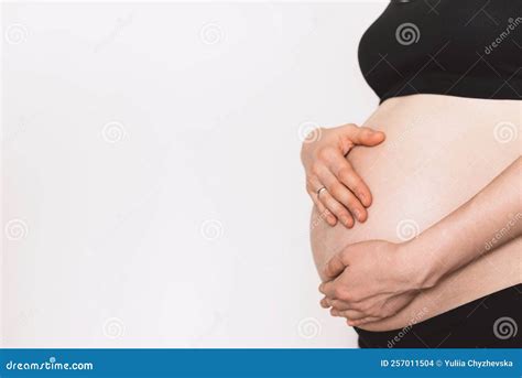 Woman Hands Touching Naked Belly Pregnant Woman Expecting Baby In