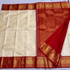 Off White And Red Kanchipuram Kanjivaram Handloom Pure 1G Gold Zari