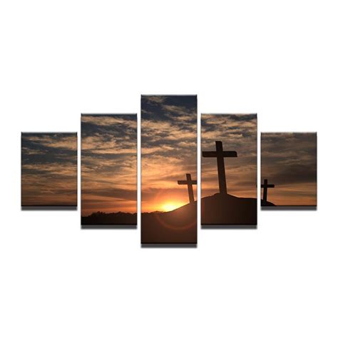 Christian Sunset Cross Religion 5 Panel Canvas Art Wall Decor Pencil Canvas