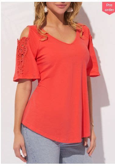 ROTITA Coral Orange V Neck Cold Shoulder T Shirt In 2023 Trendy Tops