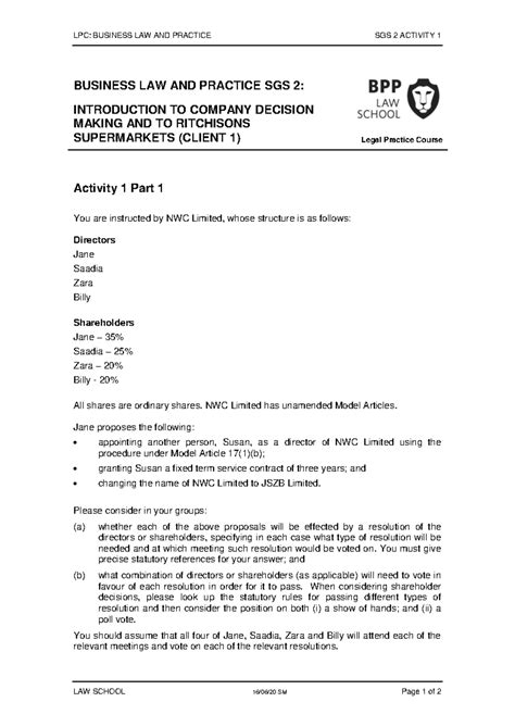 BLP SGS 2 Activity 1 20 21 LPC BUSINESS LAW AND PRACTICE SGS 2