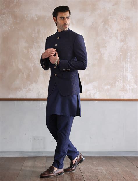 Navy Cross Stitched Embroidered Prince Coat Ismail Farid Pakistan