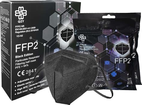 QZY Masque FFP2 Noir Boîte 10 masques EN149 avec Élastiques Clip