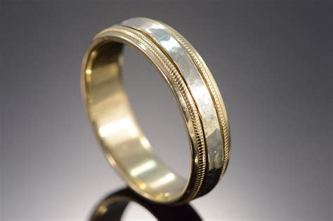 14K 7mm Hammered Milgrain Plain Two Tone Wedding Band Yellow Gold Ring ...