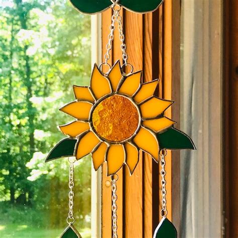 Sunflower Wind Chimes Sun Catcher In Stained Glass Etsy