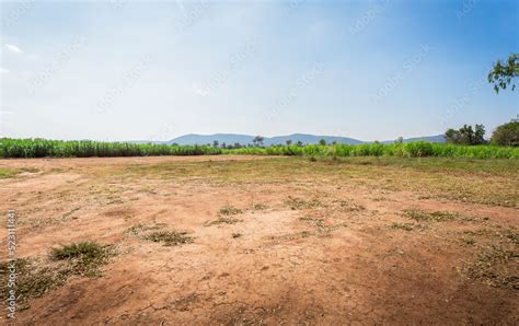 Empty dry cracked swamp reclamation soil, land plot for housing construction project with car ...