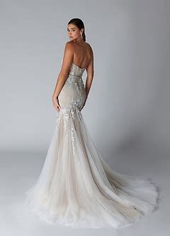 Diamond White Nude Azazie Delara Mermaid Sequins Tulle Chapel Train Dress Azazie