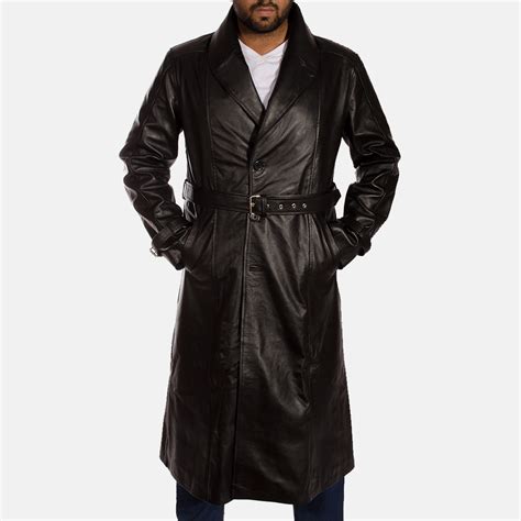 Mens Hooligan Black Leather Trench Coat