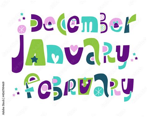 Vector illustration lettering december, january, february on white