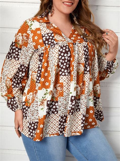 EMERY ROSE Plus Patchwork Print Lantern Sleeve Blouse Conjuntos De