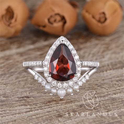 Pear Shaped Garnet Engagement Ring White Gold Bridal Set Pear Garnet