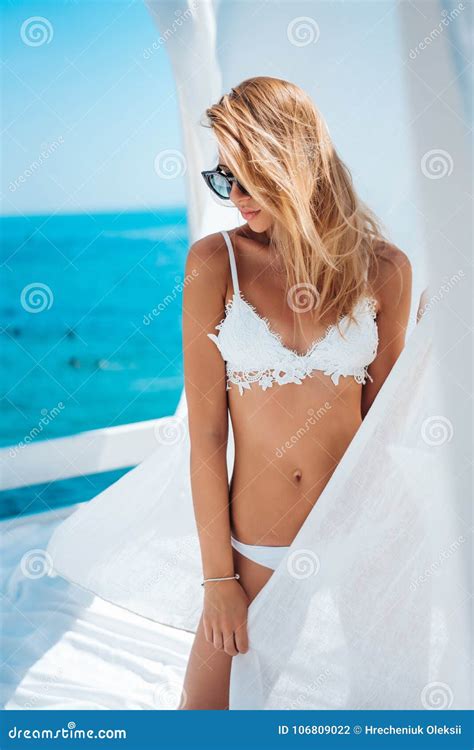 Beautiful Woman In White Bikini Stock Photo Image Of Fashion Resting