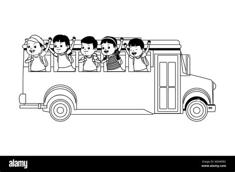 School kids greeting from bus in black and white Stock Vector Image ...