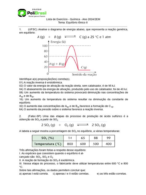 Equilíbrio Iônico Exercícios - Exercícios sobre Equilíbrio Iônico em Química | PDF | Equilíbrio ...