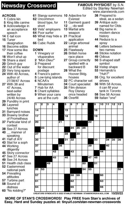 Newsday Crossword Puzzle For Oct By Stanley Newman Creators