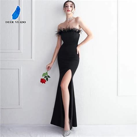 Deerveado Sexy Strapless Black Evening Dress With Feather Soft Satin