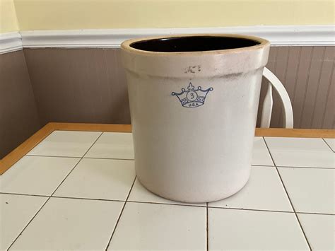 Antique Stoneware Crock Gallon Blue Crown Usa Stamped Authentic