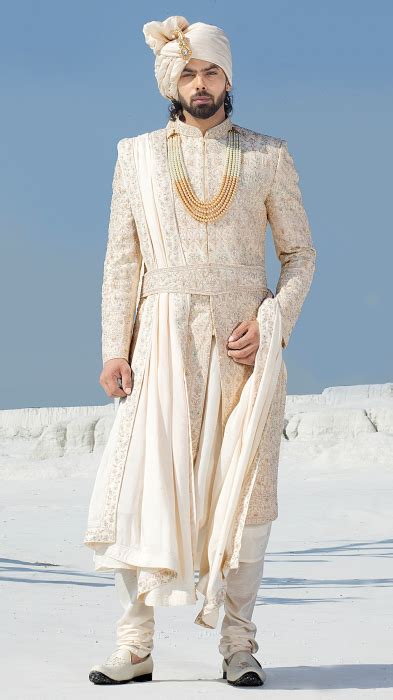 Beige Plain Silk Groom Anarkali Kurta With Sherwani