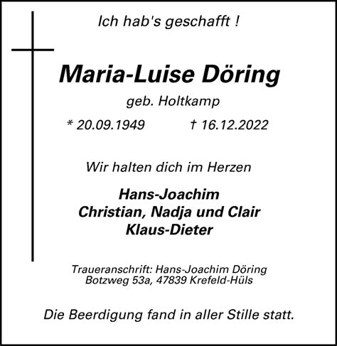 Traueranzeigen Von Maria Luise D Ring Trauer In Nrw De