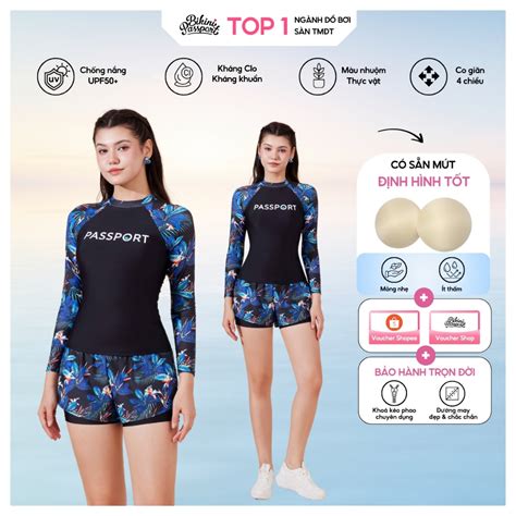 Đồ bơi Nữ BIKINI PASSPORT kiểu hai mảnh short áo tay dài Logo Đen Hoa lá BS537 FLO Shopee