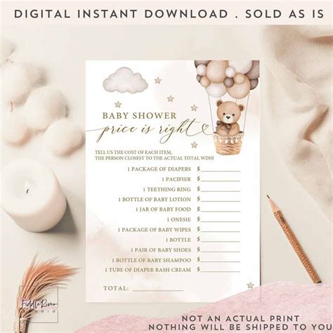 Gender Neutral Hot Air Balloon Teddy Bear Baby Price Is Right Game Card Gender Reveal Shower