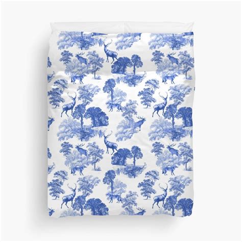 Classic Blue French Toile Deer in Forest Countryside Pattern Duvet