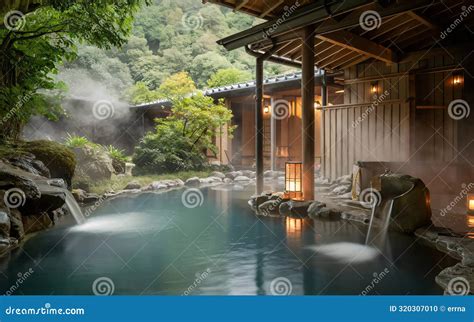AI Generated Onsen Traditional Japanese Hot Prings Outdoor Landscape Calm Stock Illustration