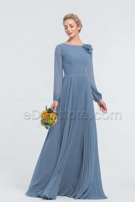 Modest Mormon Periwinkle Chiffon Bridesmaid Dresses Long Sleeves