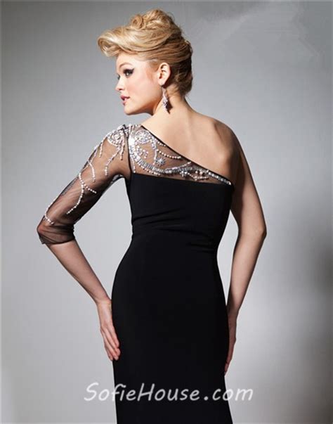 Sheath One Shoulder Sheer Sleeve Long Black Chiffon Beaded Evening Prom