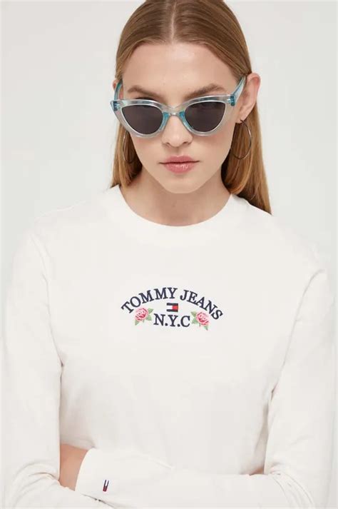 Βαμβακερή μπλούζα με μακριά μανίκια Tommy Jeans χρώμα μπεζ Answear Gr