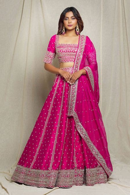 Buy Pink Raw Silk Embroidery Zardozi Square Neck Bridal Lehenga Set For