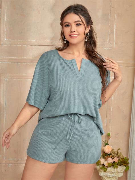 SHEIN Conjunto de pijama de cuello notch de hombros caídos tejido waffle