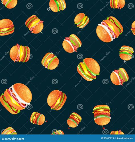 Seamless Pattern Tasty Burger Grilled Beef And Fresh Vegetables Dressed