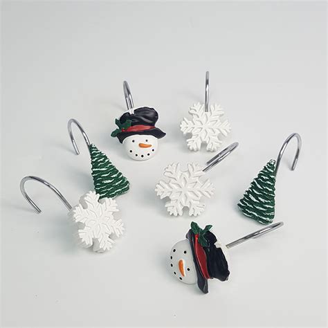 Holiday Snowman Snowflakes Tree Christmas Shower Curtain Rings Hooks | GoJeek