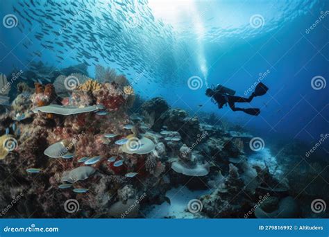 A Diver Surrounded By Schools Of Fish And Waving Coral In A Vibrant