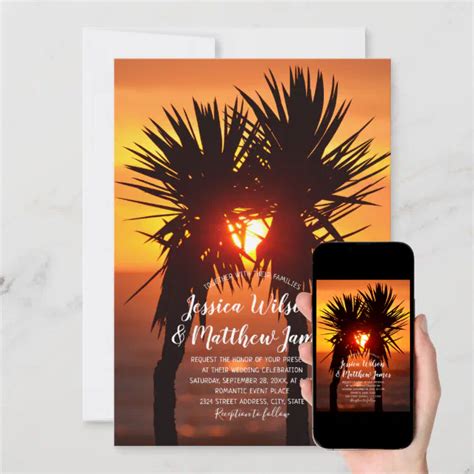 Tropical Beach Palm Tree Ocean Sunset Wedding Invitation Zazzle