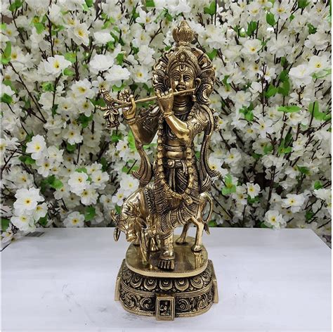 Lord Krishna Statue Flute Playing Krishna With Cow Figure Krishna Idol