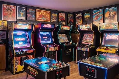 Premium Photo Retro Gaming Room With Vintage Arcade Machines And Retro Gaming Posters