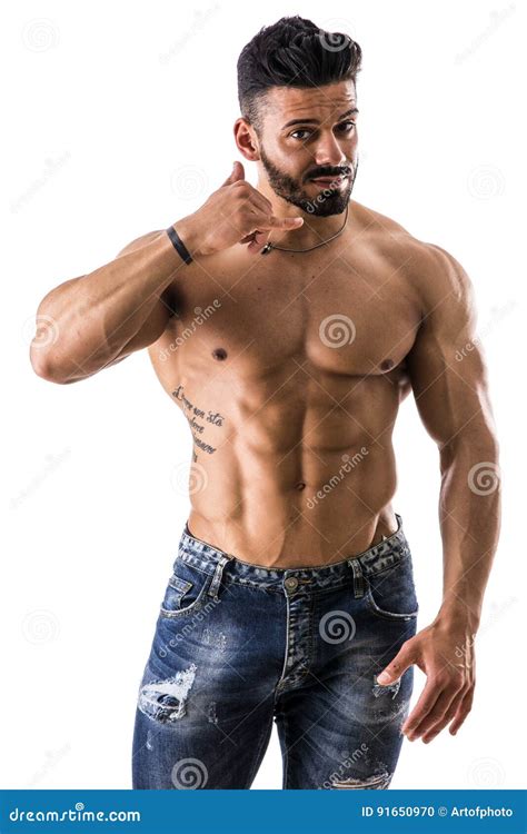 Muscular Shirtless Male Model Doing Call Me Gesture Stock Photo Image