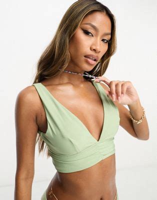 Asos Design Mix And Match Deep Band Ruched Crop Bikini Top In Sage