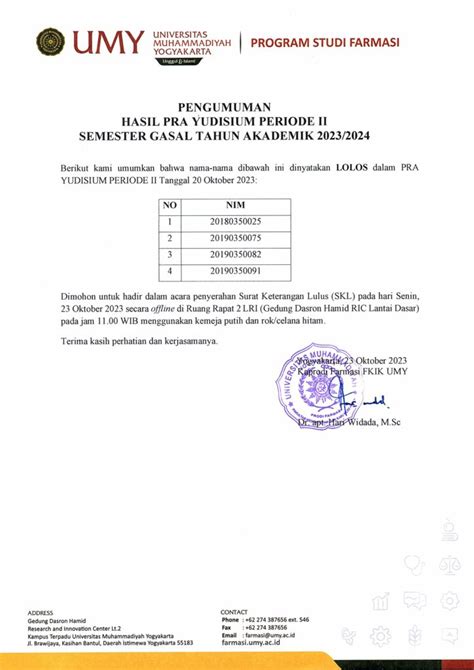 Pengumuman Pra Yudisium Periode Ii Ta Farmasi